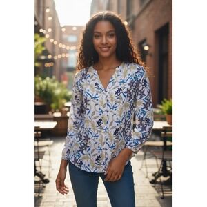 NYDJ Floral Print Long Sleeve V Neck Blouse‎ Top XS Extra Small